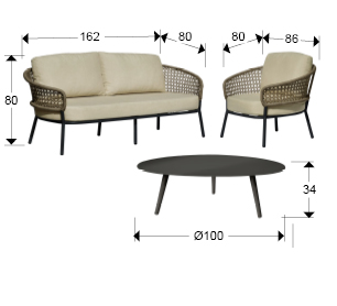 Set de salón de exterior BARLAC con mesa 100cm un sofá y dos sillones