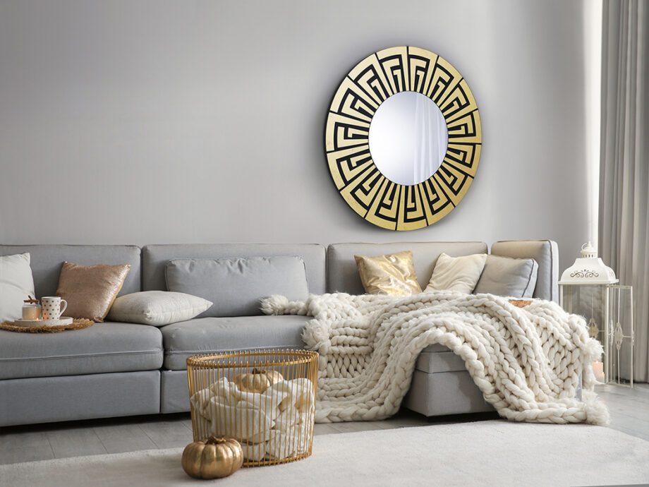 Espejo redondo AQUILES con marco greca con Pan de Oro y negro