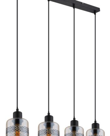 Lámpara en línea LAZARO negra con 4 colgantes con tulipa cristal